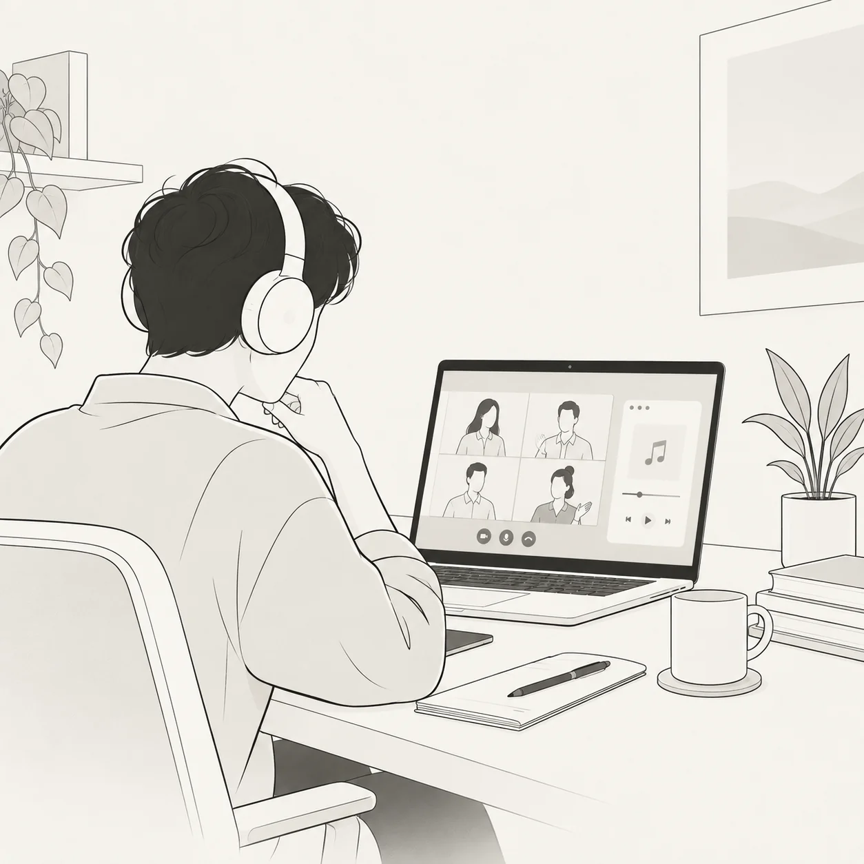 Line drawing of a person with headphones on a video call with a music player open beside it