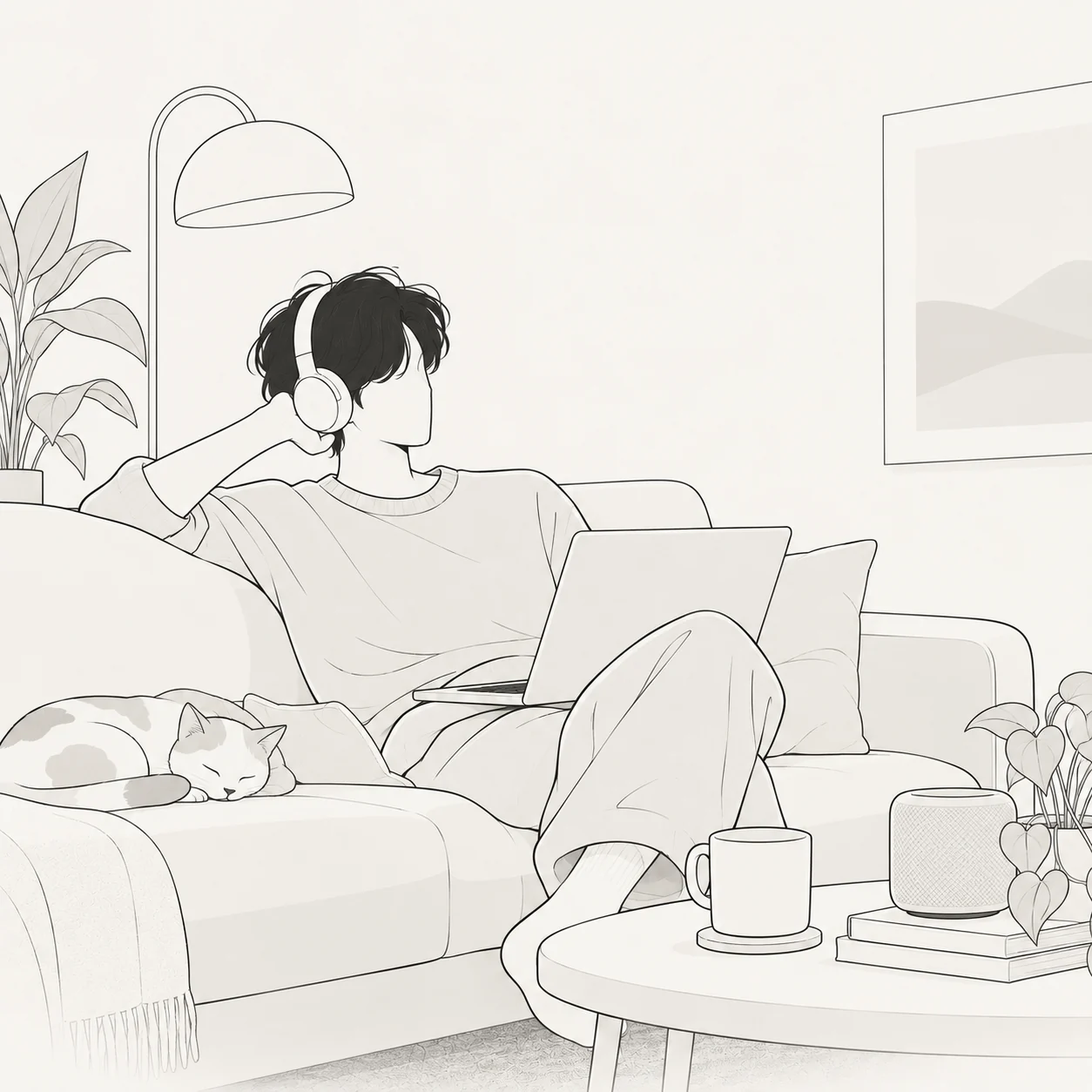 Line drawing of a person relaxing on a sofa with headphones and a laptop, a cat asleep beside them