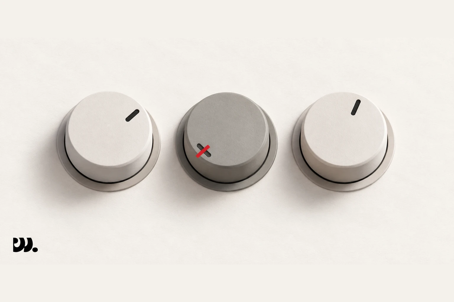 Three volume dials in a row, the middle one dimmed grey with a red mark to show it is muted