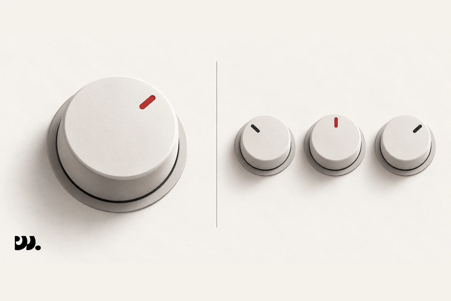 One large volume dial on the left compared with three small independent dials on the right, split by a thin line