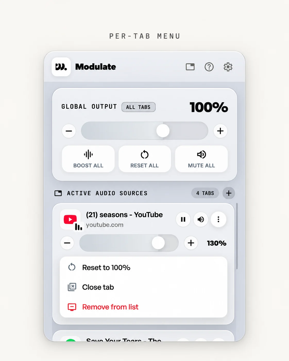 A tab menu open in the Modulate popup with Reset to 100%, Close tab and Remove from list