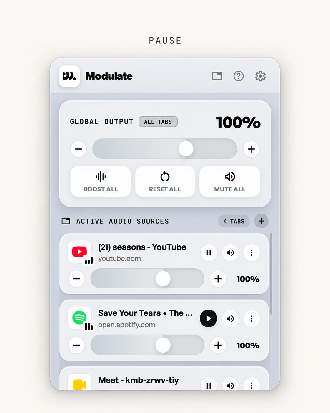 A paused Spotify tab in the Modulate popup showing a play button