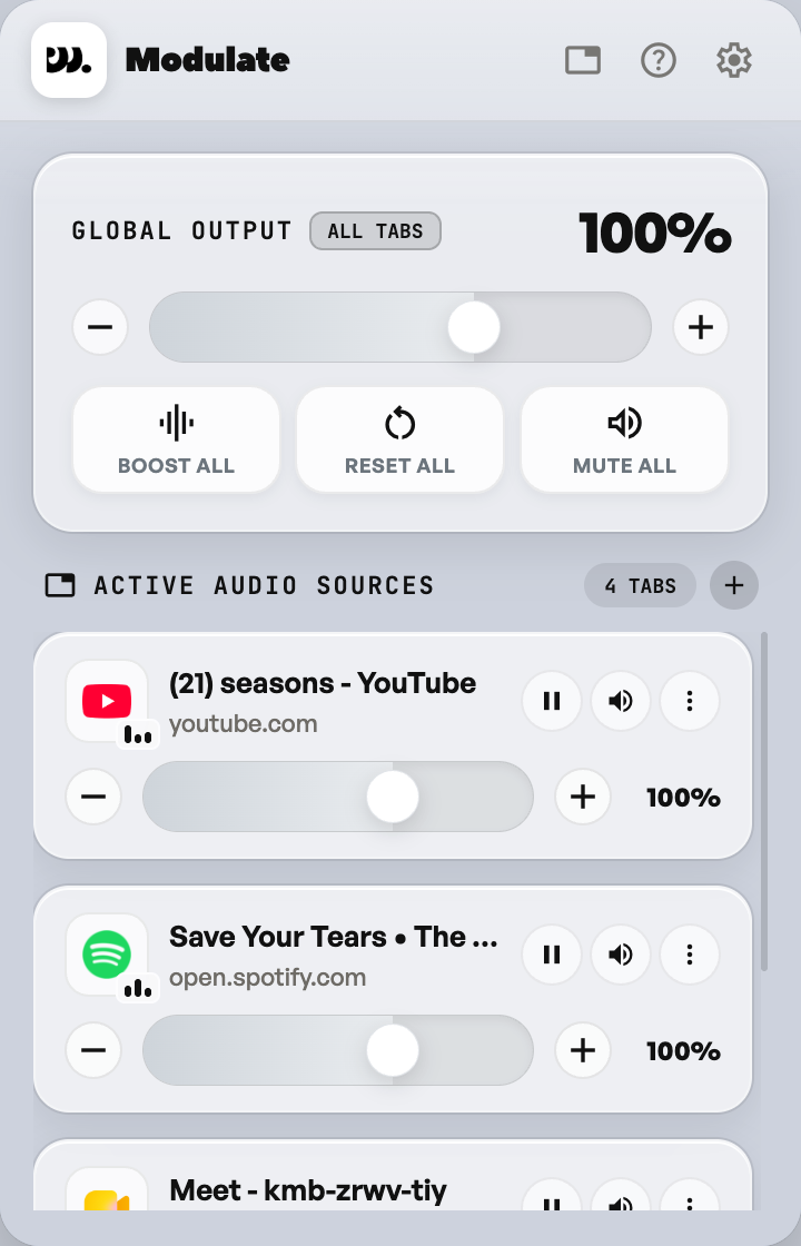 The Modulate popup: a global volume slider with Boost All, Reset All and Mute All, and one volume slider for each of YouTube, Spotify and Meet